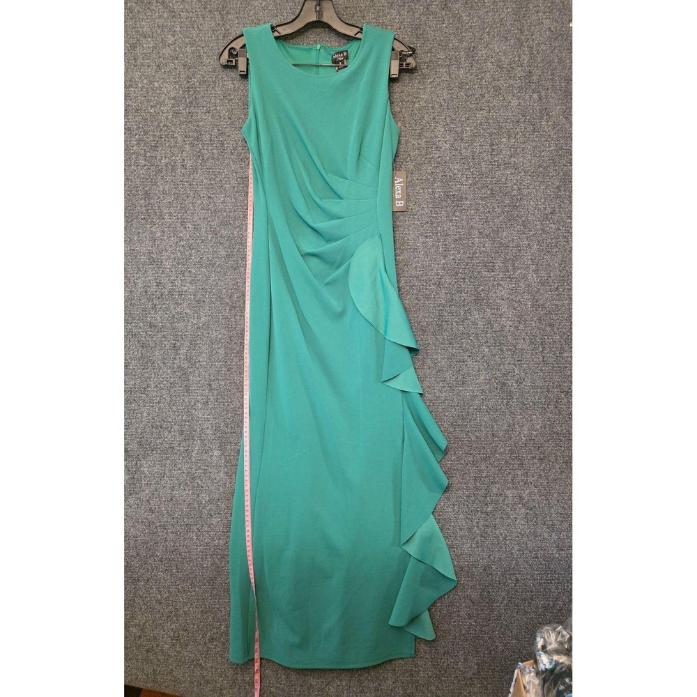 Alexa B Dress Womens 6 Green Ruched Ruffle Sheath Long Sleeveless Formal Gown